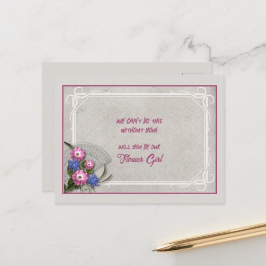 グレーピンクブルーフローラブーケフラワーガール 案内ポストカード (正面/裏面インサイチュ)