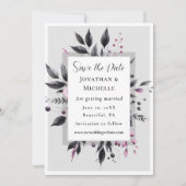 グレーピンクモダンフローラフレーム聖句結婚の セーブザデート (正面)