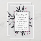 グレーピンクモダンフローラフレーム聖句結婚の セーブザデート (正面/裏面)