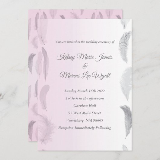 グレーピンク結婚羽 招待状 (正面/裏面)