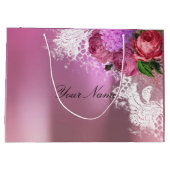 グレーピンク赤い牡丹ホワイトレース名メタリック ラージペーパーバッグ (裏面)