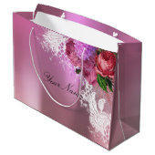 グレーピンク赤い牡丹ホワイトレース名メタリック ラージペーパーバッグ (裏面アングル)