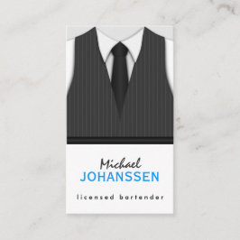 グレーピンストライプのスーツのベストとブラックタイバーテンダー 名刺