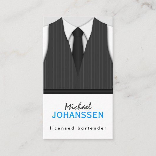 グレーピンストライプのスーツのベストとブラックタイバーテンダー 名刺 (正面)