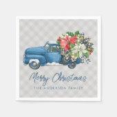 グレーファームハウスプレイドヴィンテージブルークリスマストラック スタンダードカクテルナプキン (正面)