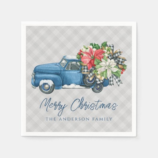 グレーファームハウスプレイドヴィンテージブルークリスマストラック スタンダードカクテルナプキン (正面)