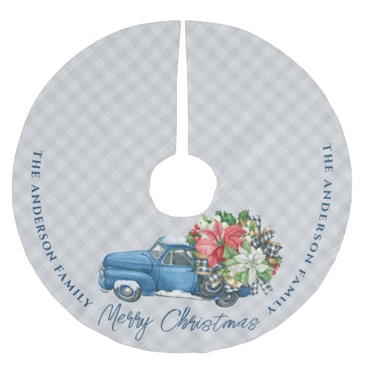 グレーファームハウスプレイドヴィンテージブルークリスマストラック ブラッシュドポリエステルツリースカート (正面)