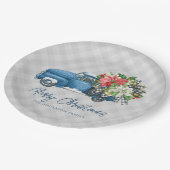 グレーファームハウスプレイドヴィンテージブルークリスマストラック ペーパープレート (アングル)