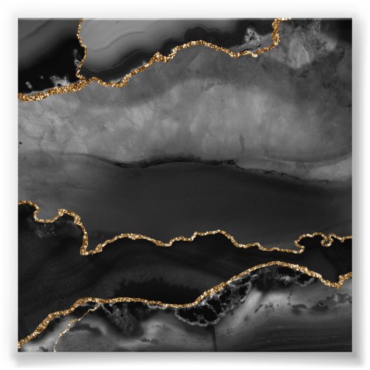 グレーフェイクマーリーアゲットゴールデングリッターブラックストーン フォトプリント (正面)