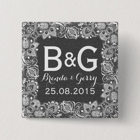 グレーフェイクリネン&ホワイトフローラレースフレーム 缶バッジ (正面)