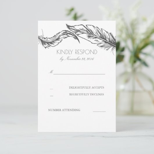 グレーフェザーホワイトエレガントウェディングRSVP 出欠カード (スタンド正面)
