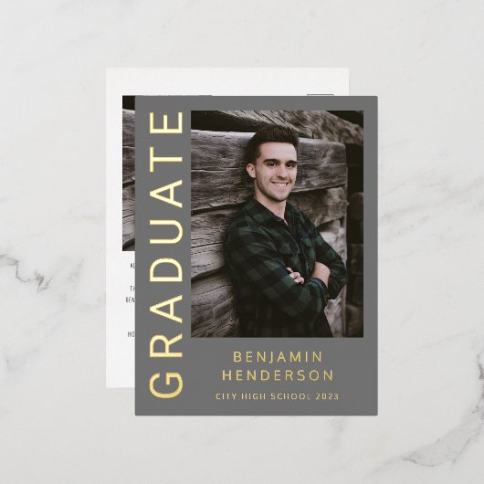 グレーフォトゴールドフォイルボーイ卒業発表 箔招待状ポストカード (正面/裏面)