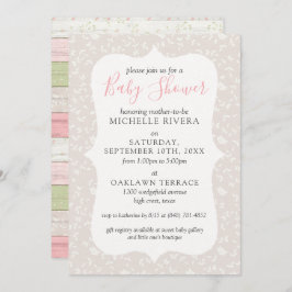 グレーフローラピンク&セージ素朴カントリーベビーシャワー 招待状