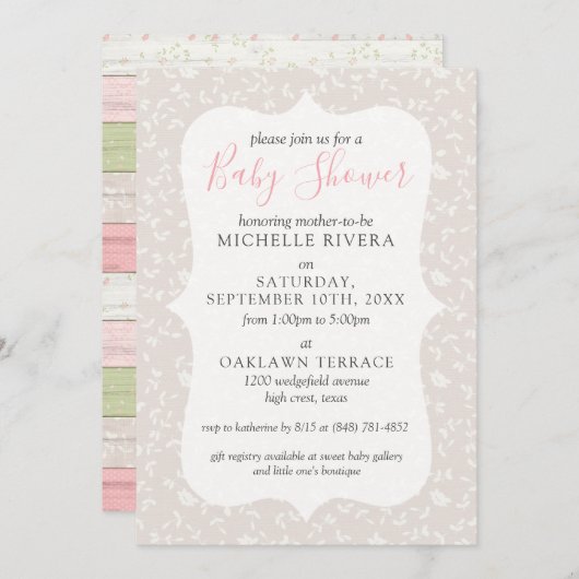 グレーフローラピンク&セージ素朴カントリーベビーシャワー 招待状 (正面/裏面)
