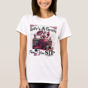 グレーブスケルトン飲み猫コーヒー Tシャツ