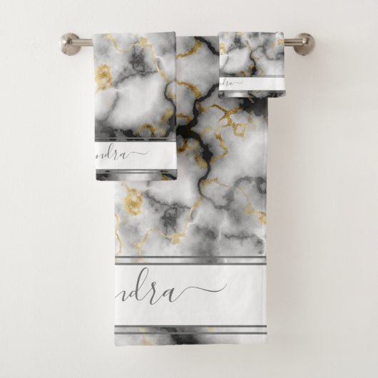 グレーブラックと金ゴールドモダンマーブルカスタムエレガント バスタオルセット (インサイチュ)