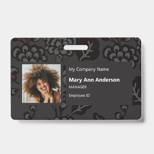 グレーブラックの鮮やかな大胆な花柄 バッジ (表面)