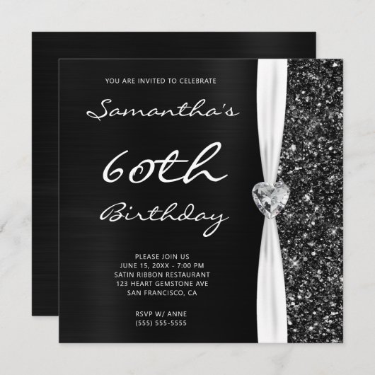 グレーブラックグラデーションフォイルフェイクグリッターグラム誕生日 招待状 (正面/裏面)