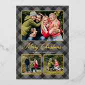 グレーブラックバッファロープレイドクリスマスフォトコラージュ 箔シーズンカード (正面)
