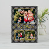 グレーブラックバッファロープレイドクリスマスフォトコラージュ 箔シーズンカード (立ち正面)