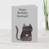 グレーブラックピンクハート猫誕生日 カード (正面)