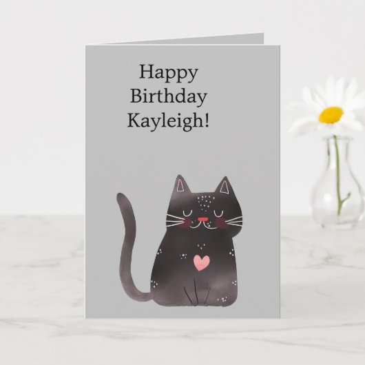 グレーブラックピンクハート猫誕生日 カード (小さな植物)