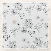 グレーブラックレトロY2Kヒッピー花柄 ガラスコースター (正面)