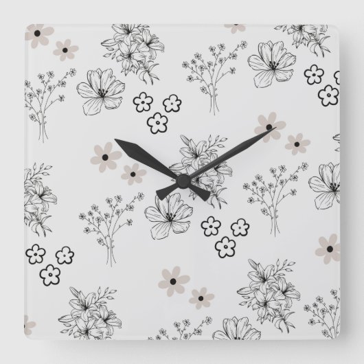 グレーブラックレトロY2Kヒッピー花柄 スクエア壁時計 (正面)