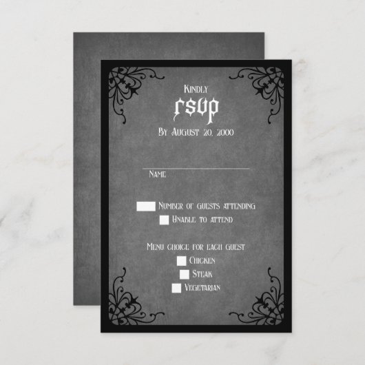 グレーブラック結婚ゴシック 出欠カード (正面/裏面)