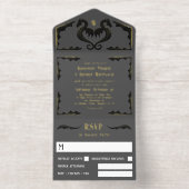 グレーブラック金ゴールドドラゴンモノグラム結婚ファンタジー オールインワン招待状 (内側)