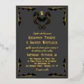 グレーブラック金ゴールドドラゴンモノグラム結婚ファンタジー 箔招待状 (正面)
