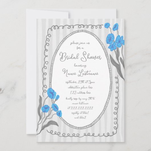 グレーブルーお洒落ハンド絵を描ブライダルシャワー 招待状 (正面)