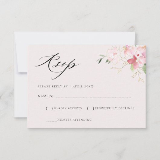 グレーブルーとフラッシュの花のゴールドの返信カード 出欠カード (正面)
