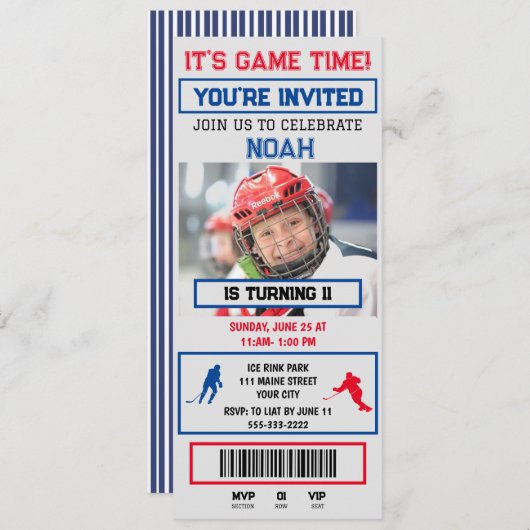 グレーブルーのホッケー チケット 誕生日パーティー 招待状 (正面/裏面)
