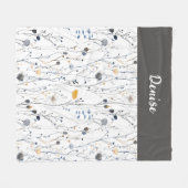 グレーブルーの水彩花柄名前 フリースブランケット (正面(横))