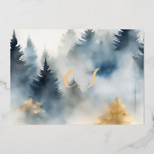 グレーブルーウィンターパインツリーモノグラム日付を保存 箔招待状 (裏面)
