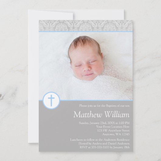 グレーブルーダマスククロスボーイ写真バプテスマ 招待状 (正面)