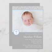 グレーブルーダマスククロスボーイ写真バプテスマ 招待状 (正面/裏面)