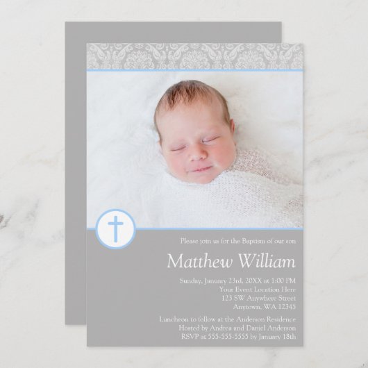 グレーブルーダマスククロスボーイ写真バプテスマ 招待状 (正面/裏面)