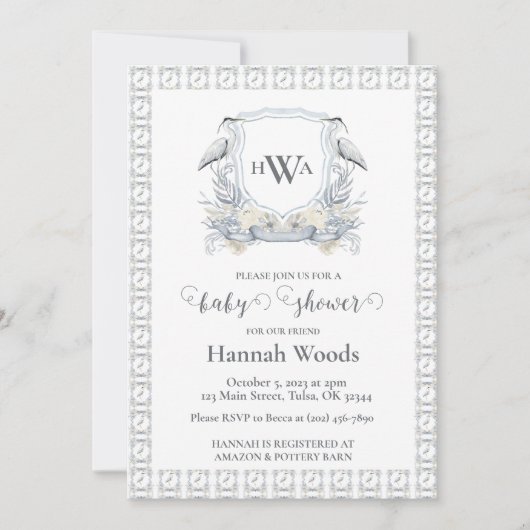 グレーブルーヘロンモノグラムクレストベビーシャワー 招待状 (正面)