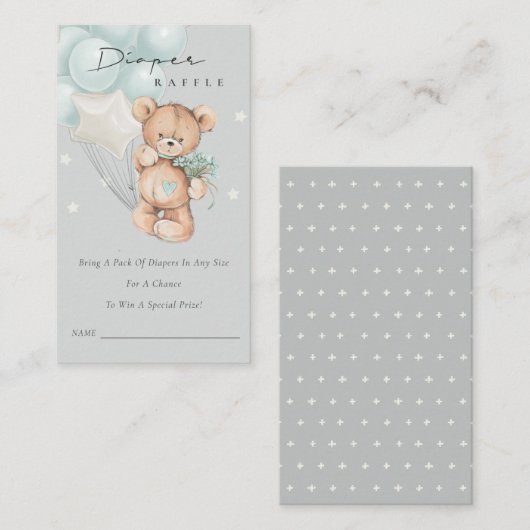 グレーブルーベアーバルーンおむつラッフルベビーシャワー エンクロージャーカード (正面/裏面)