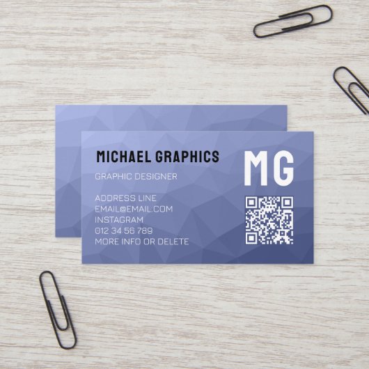 グレーブルー幾何学メッシュパターンQRコードモノグラム 名刺 (正面/裏面インサイチュ)