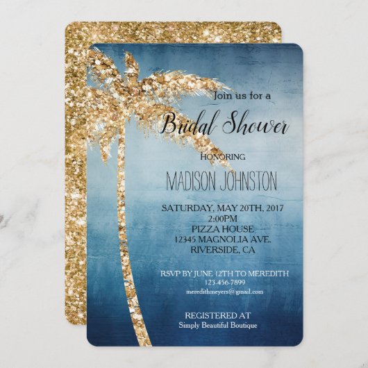 グレーブルー金ゴールドグリッターパームツリーブライダルシャワー 招待状 (正面/裏面)