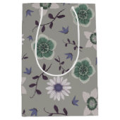 グレーブルー&グリーンワイルドフラワーモダンボタニカル ミディアムペーパーバッグ (正面)