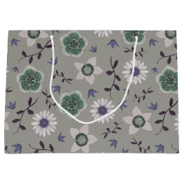 グレーブルー&グリーンワイルドフラワーモダンボタニカル ラージペーパーバッグ