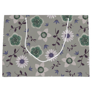 グレーブルー&グリーンワイルドフラワーモダンボタニカル ラージペーパーバッグ