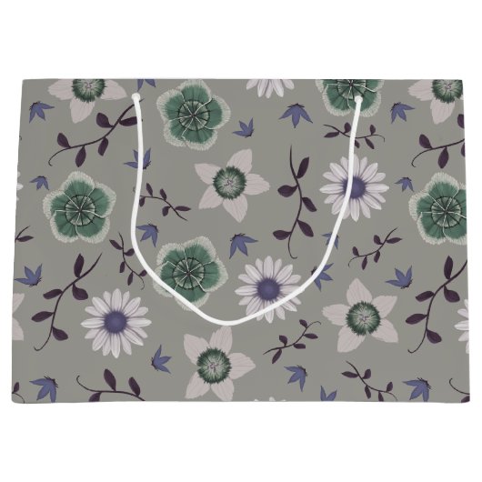 グレーブルー&グリーンワイルドフラワーモダンボタニカル ラージペーパーバッグ (正面)