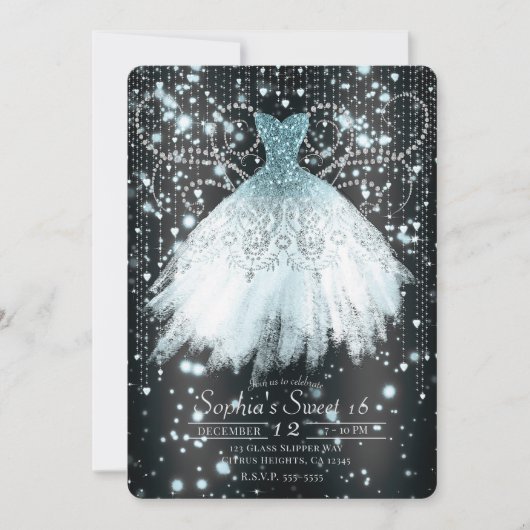 グレーブルー&シルバーグリッタードレススウィート16パーティー 招待状 (正面)