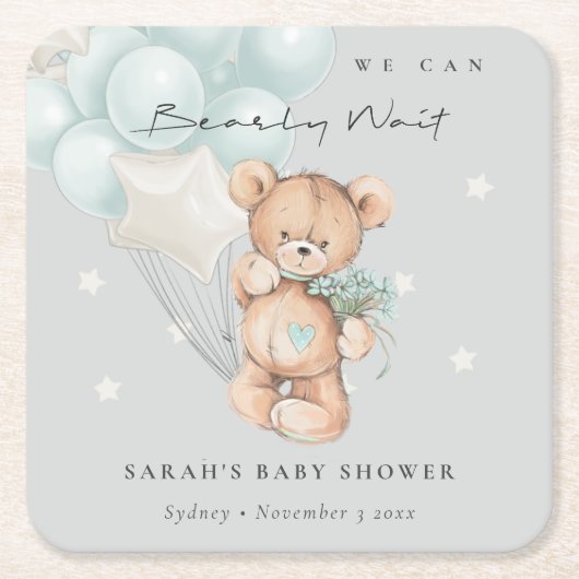 グレーブルーbearly待ちクマ気球ベビーシャワー スクエアペーパーコースター (正面)