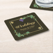 グレープつる植物と金ゴールドフレーム結婚の紙コースター スクエアペーパーコースター (アングル)